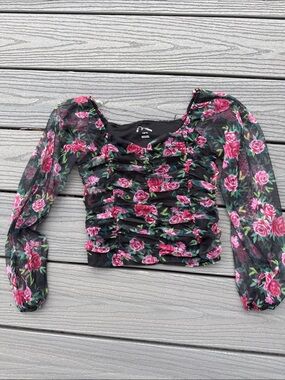 art class Black Mesh Pink Rose Ruched Long-Sleeve Crop Top